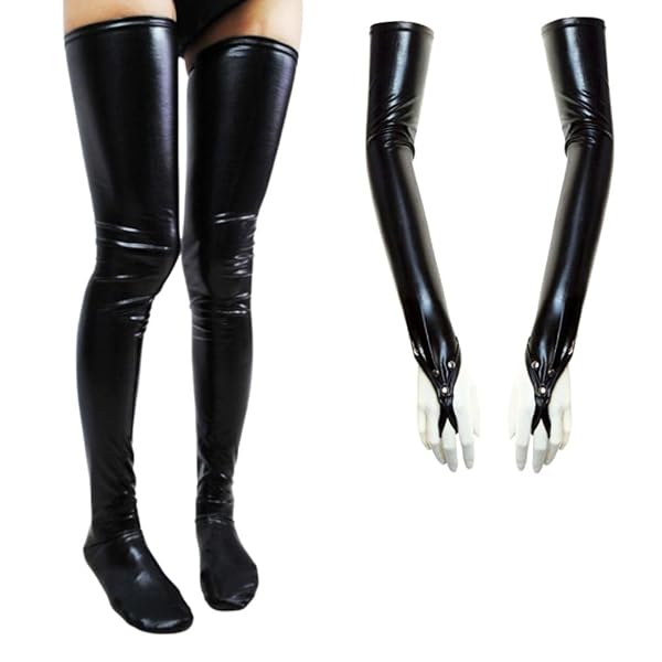 ランジェリー – [MONEON] レディース ボンテージ ストッキング グローブ 2点セット フェイクレザー ブラック (ストッキ…
