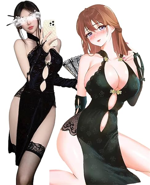 チャイナ服 フルセット チャイナドレス セクシー コスプレ 3点セット (ベビードール/Ｔバック/手袋*2) (黒…