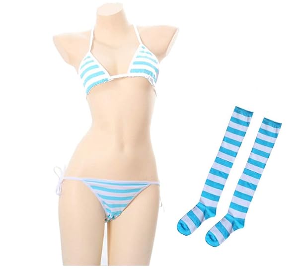 しましま ビキニ 紐パン パンツ ブラ ニーハイ 3点セット コスプレ マイクロ 三角ビキニ (ライトブルー)