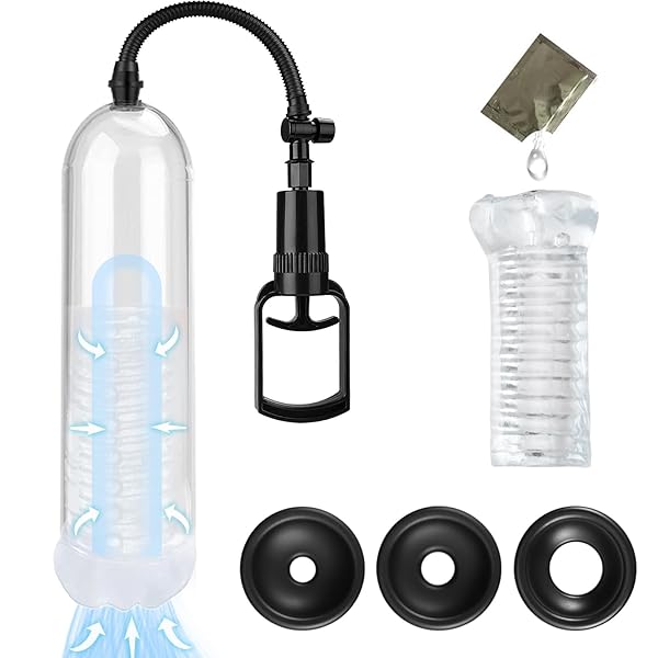 手動制御ペニスポンプ 長い透け感のあるオナホール 3つのシリコンリング 負圧真空 透明 ペニス牽引 吸引ポンプ 携…