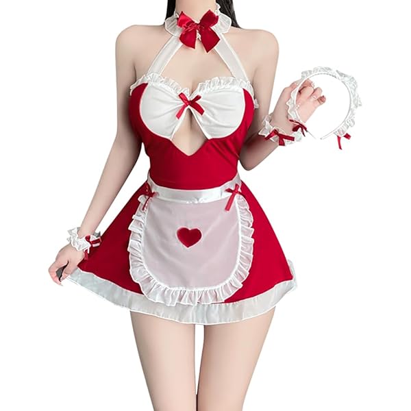 [Baioretto] コスプレ エッチ メイド ホワイト レッド リボン ミニエプロン 可愛い メイドコスプレ …