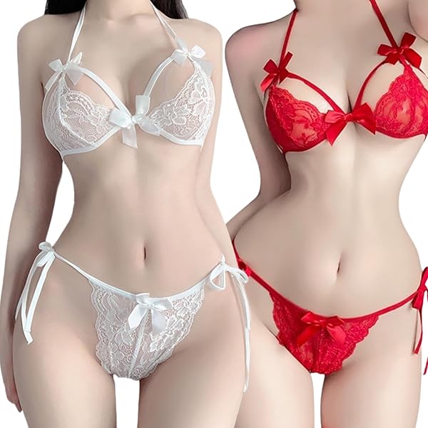 [LIKENNY] レディース セクシー ランジェリー 2点セット【透けレース 刺繍デザイン】Vネック ブラジャー…