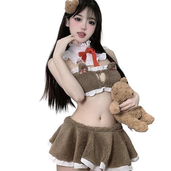 [LIKENNY] 熊 セクシー コスプレ 4点セット 胸空き 猫 メイド服 ミニスカート 可愛い 蝶結ぶ 過激 …