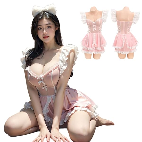 [MORApink] メイド服 コスプレ ミニスカ ベビードール ピンク 大きいサイズ セクシー エッチ ミニ丈 …