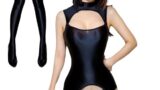 [MORApink] レオタード セクシー 過激 透け ハイネック 光沢 シースルー セット コスプレ ニーハイ …