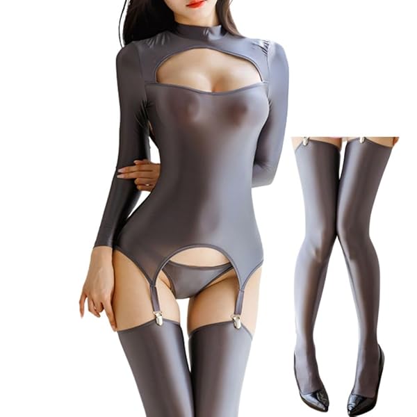 [MORApink] レオタード セクシー 過激 透け ハイネック 光沢 シースルー セット コスプレ ニーハイ …