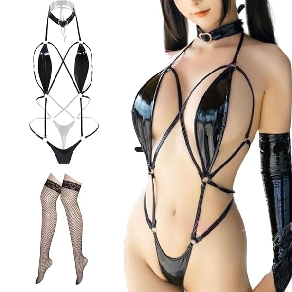 [MORApink] ボンテージ セクシー コスプレ 小悪魔 女性用 エナメル 光沢 マイクロビキニ 水着 過激 …