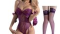 MORApink セクシーコルセット風 ガーター付き ランジェリー ハイレグ tバック ストッキング セット 紫 …