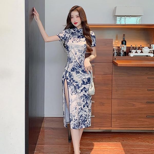 コスプレ – チャイナドレス パーティセクシー Mサイズ ホワイト×ブルー