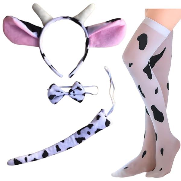 OLYOLY【4点セット】牛柄 カチューシャ 尻尾 チョーカー ニーハイ ソックス コスプレ 衣装 小物 (07)