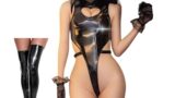 コスプレ 光沢 超 ハイレグ セクシー エナメル 過激 レオタード PUレザー フェイクレザー ストッキング タイ…