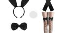 コスプレ – XEPST バニーコスチュームセット ブラックバニーの耳としっぽ、蝶ネクタイ、袖口、網タイツ、女性用手袋、ハロウィ…