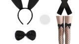 コスプレ – XEPST バニーコスチュームセット ブラックバニーの耳としっぽ、蝶ネクタイ、袖口、網タイツ、女性用手袋、ハロウィ…