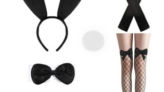 コスプレ – XEPST バニーコスチュームセット ブラックバニーの耳としっぽ、蝶ネクタイ、袖口、網タイツ、女性用手袋、ハロウィ…