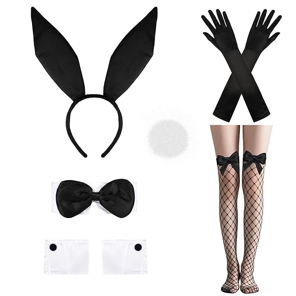 コスプレ – XEPST バニーコスチュームセット ブラックバニーの耳としっぽ、蝶ネクタイ、袖口、網タイツ、女性用手袋、ハロウィ…