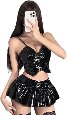 コスプレ – YOMORIO レディース シャイニーブラック PVC クロップトップとミニスカートセット – セクシー フェイク…