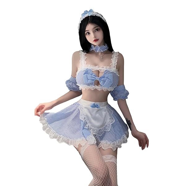 [YUEEI] メイド服 セクシー コスプレ ブルー ブラック 格子 過激 ヒップ露出 大きい蝶結ぶ 背中あき 袖…