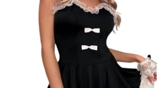 コスプレ – nujett セクシーフレンチメイドコスチューム 女性用 レーストリム ミニドレス ヘッドバンドとハンドリング付き…