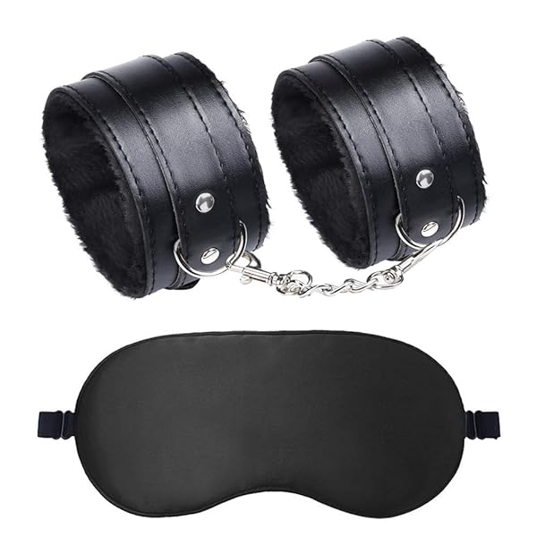 Sexyhot SMグッズ 手錠 拘束カフス 手枷 SM 束縛プレイ ベッド拘束 PU製 モコモコ アイマスク付き 黒