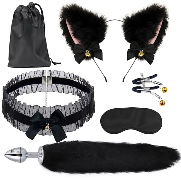 YILAIYA 5点セットSMコスプレ道具 アナルプラグ 尻尾 猫耳 カチューシャ 鈴付き首輪 乳首クリップ SM…