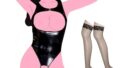 コスプレ 胸空き セクシー 大きい エナメル レオタード ハイレグ 光沢 (ブラック)