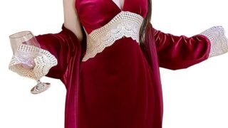 ランジェリー – [AQRTPXU] ベロア ベビードール ナイトガウン ローブ レディース 深いVネック刺繍レースバックレス キャ…