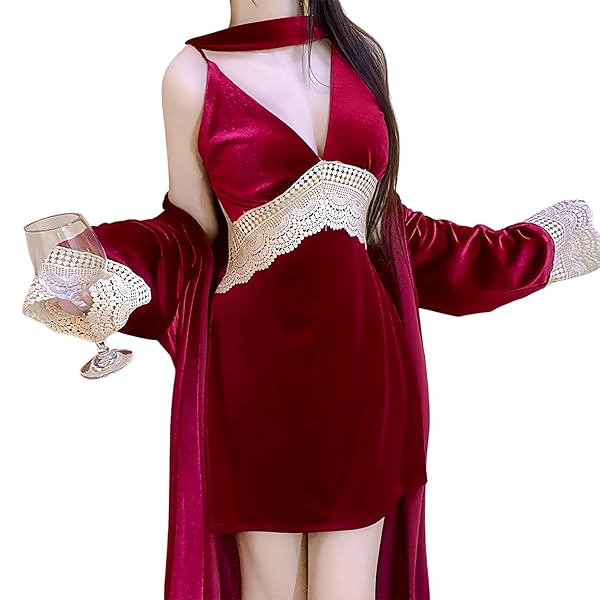 ランジェリー – [AQRTPXU] ベロア ベビードール ナイトガウン ローブ レディース 深いVネック刺繍レースバックレス キャ…