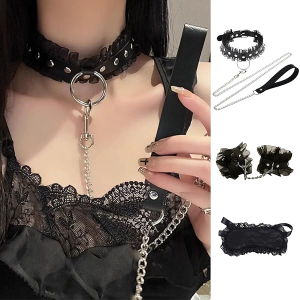 sm – 【3点セット】SMプレイ用 人間用首輪＆手枷＆アイマスク 調教用 拘束具セット レース コスプレ アクセサリー 調…