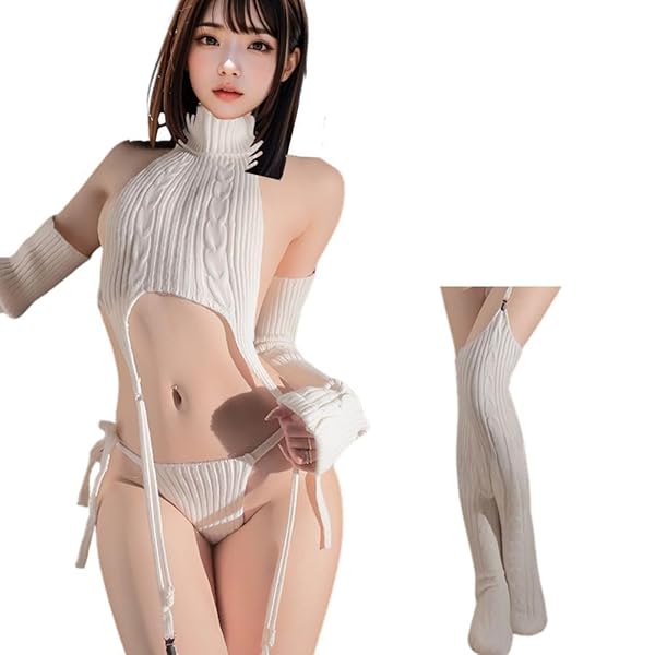 童貞を殺すセーター ニット ロリータ セクシー タートルネック ハイネック 白 萌え袖 紐パン コスプレ コスチュ…