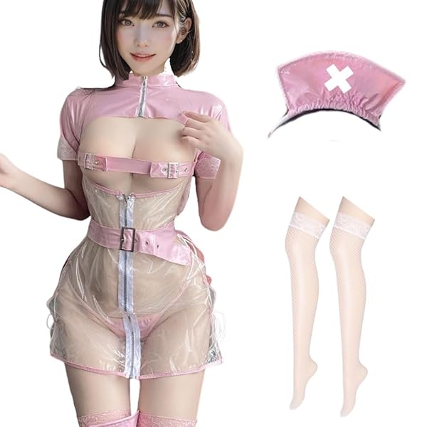 [MORApink] 逆ナース エナメル ボンテージ 光沢 コスプレ セクシー シースルー 透け ナース 看護婦 …