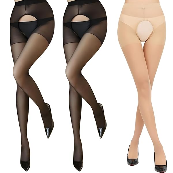 ランジェリー – [MO FACTORY] オープンクロッチ 穴あき ストッキング セクシー コスプレ 3足セット 黒/ベージュ/M…