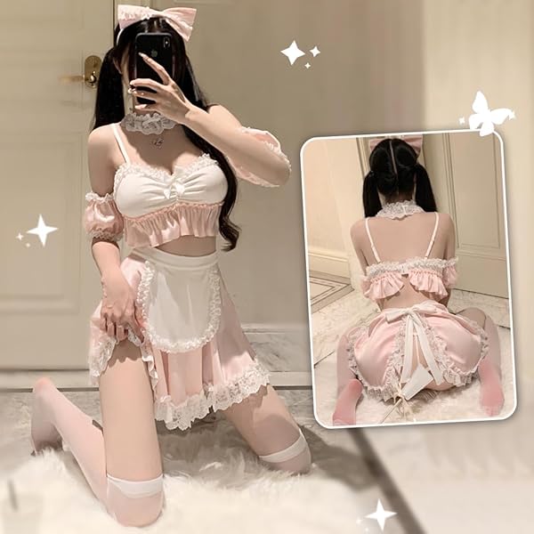 [YUEEI] コスプレ セクシー メイド服 エプロン ブルー ピンク 過激 肩出し 袖なし 蝶結ぶ フリル エッ…