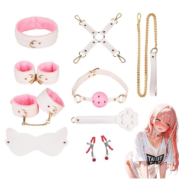 sm – SMグッズ 手錠 手枷 首輪 足枷 アイマスク 乳クリップ 口枷 鞭 10点セット PUレザー 可愛い ピンク s…