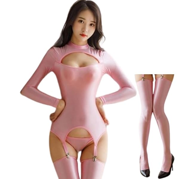 [MORApink] レオタード セクシー 過激 透け ハイネック 光沢 シースルー セット コスプレ ニーハイ …