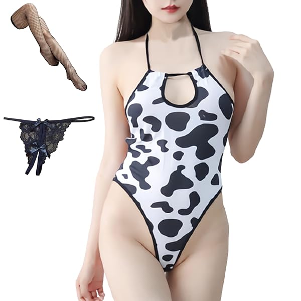OLYOLY【3点セット】牛柄 超ハイレグレオタード 過激な妹のコスプレ下着 ブラジリアン アニコス 濡れ透け セ…