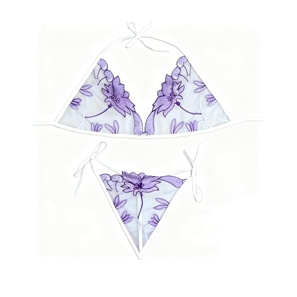 [PudogyPaws] ピンクレースシースルーランジェリーセット ノンワイヤー三角ブラ & T バック 紐調節誘…