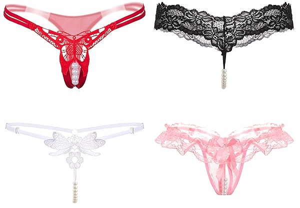 [ミラクルート] ４枚セット パール風ビーズ付 オープン クロッチ ショーツ セクシー ランジェリー