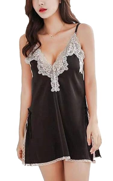 [ロカロカ] ランジェリー 深v ベビードール サテン スリップ キャミソール スリット レース